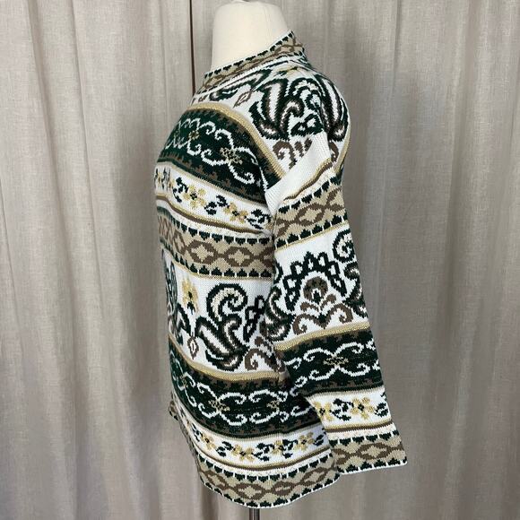 Vintage Sweater Womens Size Large White Green Brocade Mock Neck Knit 80s 90s - Picture 6 of 11